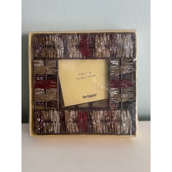 Pier 1 Imports Vtg Gold Silver Red 3x3" Beaded Tabletop Desk Picture Frame- New - Picture 3 of 4